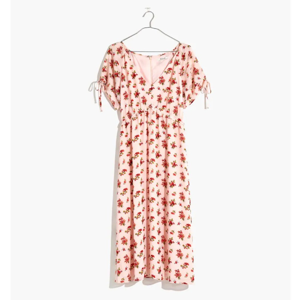 Madewell Tie Sleeve Ruffle Waist Midi Dress Countryside Blooms Pink (Size 6)